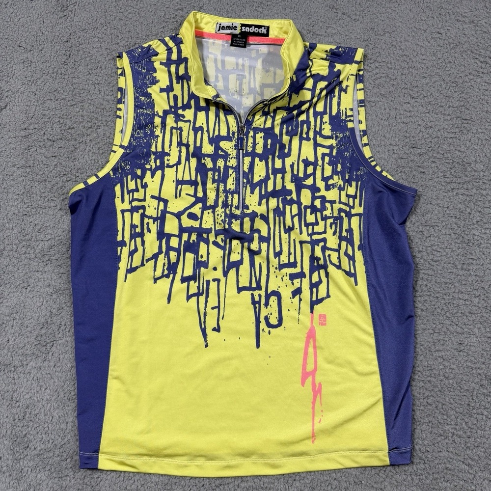 Jamie Sadock 1/2 Zip Golf Shirt Blue Yellow Abstract Print Sleeveless Top XL